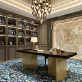 Luxurious Hotel Public Lounge with Golden Ceiling Crystal Chandelier Comfortable Seating and Elegant Decor