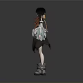 Anime Woman with Long Black Hair Orange Black Outfit Red Leg Patterns and Boots