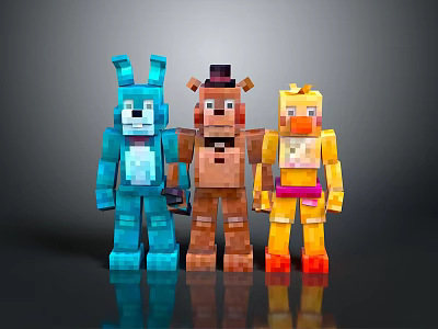 Colorful Pixel Art Characters Blue Rabbit Brown Bear With Hat And Yellow Duck Standing Together 3d model
