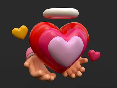 Decorative Ornament Set with Hands Holding Large Red Pink Heart Small Hearts and White Halo 3d model