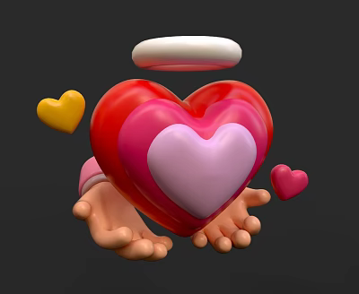 Cartoon Red Heart Style Toy Heart-shaped Low-face Oka Handmade 3d model