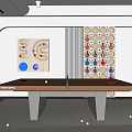 Wooden Shuffleboard Table With Concrete Legs In White Room And Geometric Wall Decor