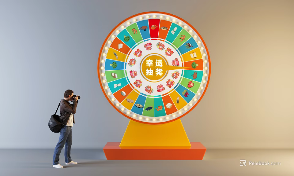 Person Taking Photo of Lucky Draw Wheel With Colorful Icons and Yellow Base 3d model 