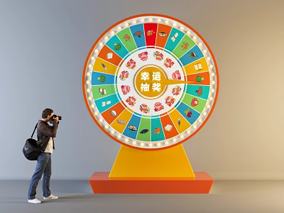 Person Taking Photo of Lucky Draw Wheel With Colorful Icons and Yellow Base 3d model
