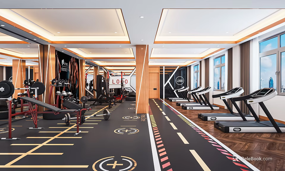 Modern Fitness Gym Interior With Treadmills Dumbbells Track Lines Wooden Decor 3d model 