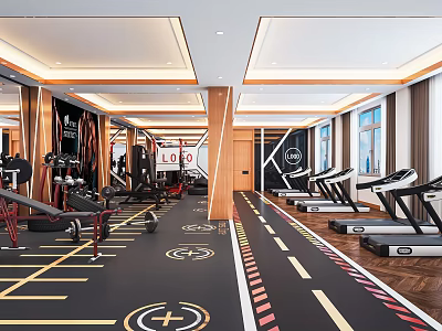 Modern Fitness Gym Interior With Treadmills Dumbbells Track Lines Wooden Decor 3d model