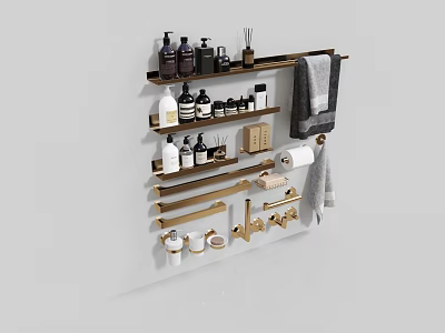 Modern Bathroom Accessories Storage Shelf Organizer With Wall Mounted Towel Holder Bottles And Cups 3d model