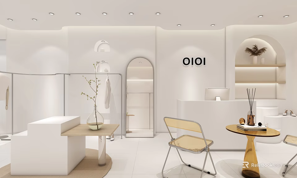 OIOI Clothing Store Interior With White Decor Arched Doorway Display Shelves And Chair 3d model 