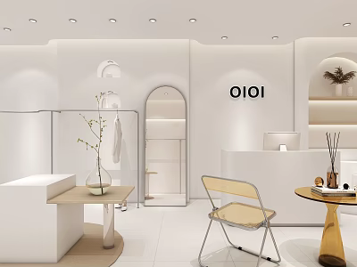 OIOI Clothing Store Interior With White Decor Arched Doorway Display Shelves And Chair 3d model