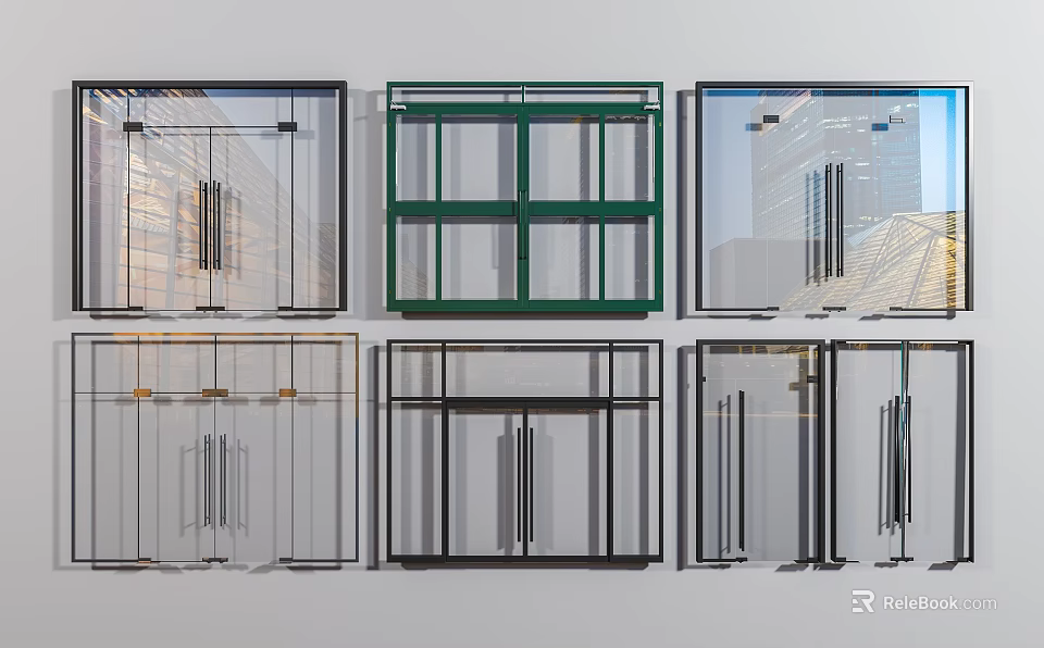 Various Design Swing Doors With Glass Panels And Different Color Frames 3d model 