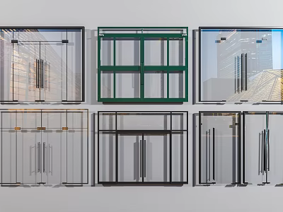 Various Design Swing Doors With Glass Panels And Different Color Frames 3d model