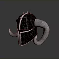 Medieval Weapon Helmet with Curved Horns Silver Trim Spikes and Black Metallic Texture