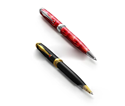 Red And Black Art Supply Pens With Gold Accents And Intricate Patterns On White Background 3d model