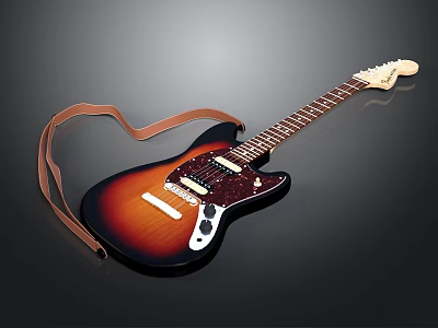 Stylish Electric Guitar As Daily Living Item With Brown Strap And Sunburst Finish 3d model