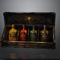 Open Vintage Wooden Chest With Decorative Carvings Holding Colorful Ambrosia Bottles From Grand Collection