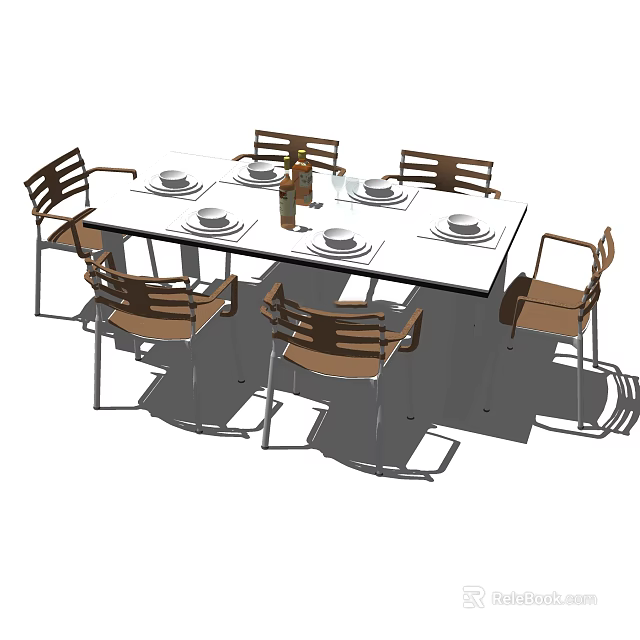 Rectangular Dining Table Set With White Tabletop Six Wooden Chairs Metal Legs Plates And Bottle 3d model 