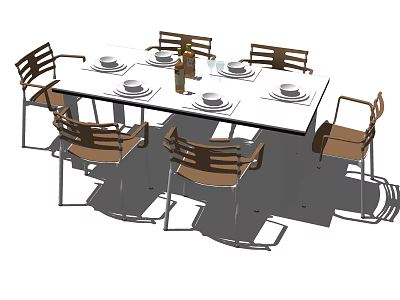 Rectangular Dining Table Set With White Tabletop Six Wooden Chairs Metal Legs Plates And Bottle 3d model