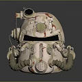 Ornate Beige Mechanical Helmet With Red Patterns Golden Accents And Tube Decorations