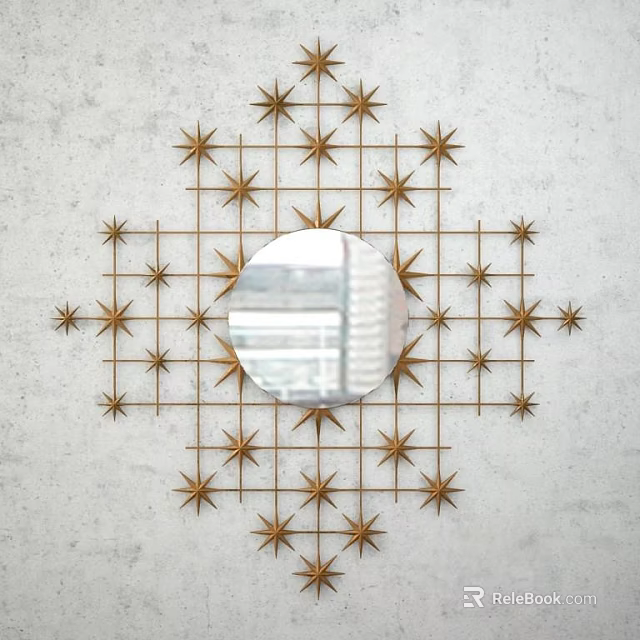 Decorative Mirror with Gold Star Shaped Frame on Gray Textured Wall 3d model