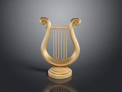 Golden Lyre Musical Instrument with Scroll Design Base and Metal Strings 3d model