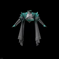Teal Ornate Fashion Outfit With Wing Like Decorations Geometric Patterns And Transparent Flowing Sleeves