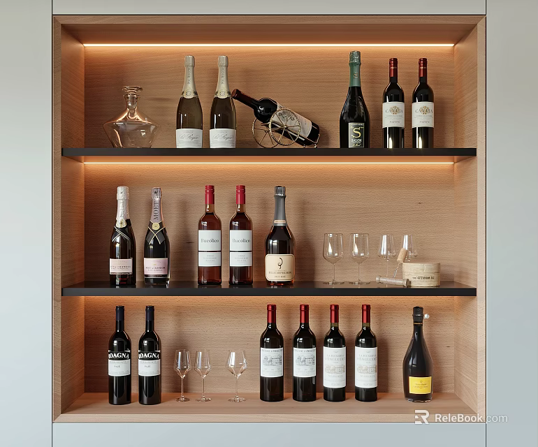 Assorted Wine Bottles And Glasses Arranged On Illuminated Wooden Shelves 3d model 