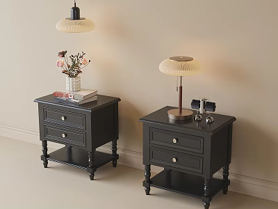 Black Bedside Tables With Drawers Table Lamps Vase Flowers Stack Of Books And Phone Holder 3d model