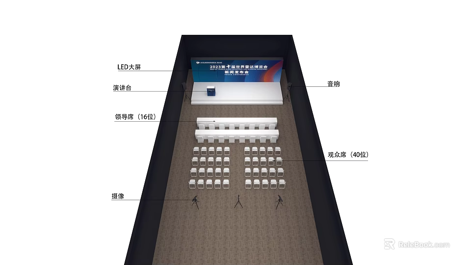 Stage Setup With LED Screen Podium Sound System And Audience Seats 3d model