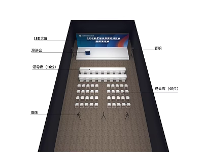 Stage Setup With LED Screen Podium Sound System And Audience Seats 3d model