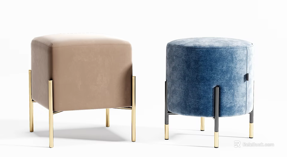 Two Modern Ottoman Footstools with Beige Blue Velvet Upholstery and Gold Black Metal Legs 3d model 