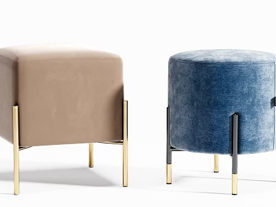 Two Modern Ottoman Footstools with Beige Blue Velvet Upholstery and Gold Black Metal Legs 3d model
