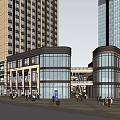 Traditional Commercial Street With Plaza Greenery Outdoor Seating And Pedestrian Walkways