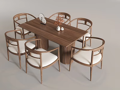 Modern Wooden Dining Table Set With Six White Cushioned Chairs And Decorative Items 3d model