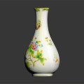 White Ceramic Vase With Colorful Floral And Bird Patterns Gold Rim On Reflective Dark Background