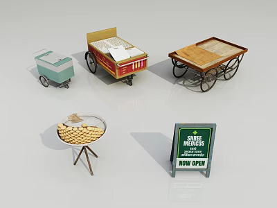 Various Street Vendor Carts for New Year with Wooden Tops and Wheels 3d model