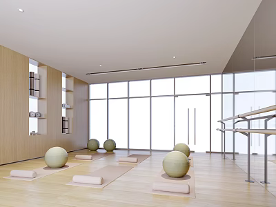 Bright Yoga Fitness Space With Wooden Floor Large Windows And Yoga Balls Mats 3d model
