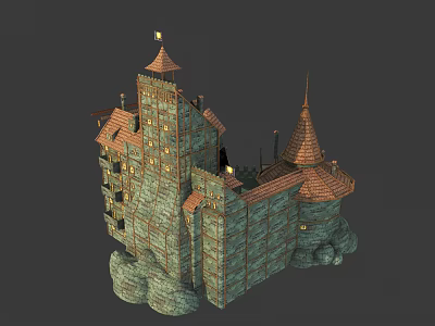 Ancient Architecture Medieval Castle Style with Stone Walls Multiple Towers Spires Red Roofs and Flag 3d model