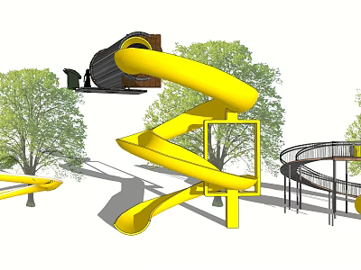 Outdoor Playground Equipment Featuring Yellow Spiral Slide And Curved Structures With Trees 3d model