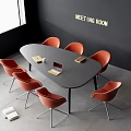 Modern Black Meeting Table With Red Chairs Laptop And Books In Bright Meeting Room