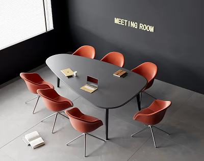 Modern Black Meeting Table With Red Chairs Laptop And Books In Bright Meeting Room 3d model