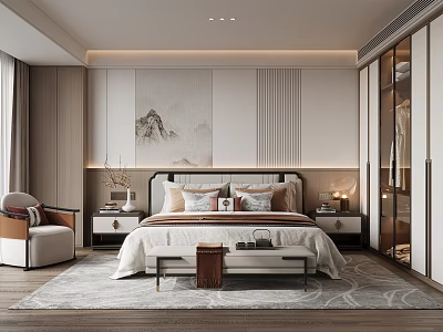 Modern Bedroom Interior Design With Comfortable Bed Nightstands Accent Chair And Decorative Rug 3d model