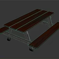 Outdoor Picnic Table With Red Wooden Tabletop Attached Benches And Metal Legs