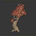 Artistic Tree With Red Leaves And Wooden Trunk On Dark Background