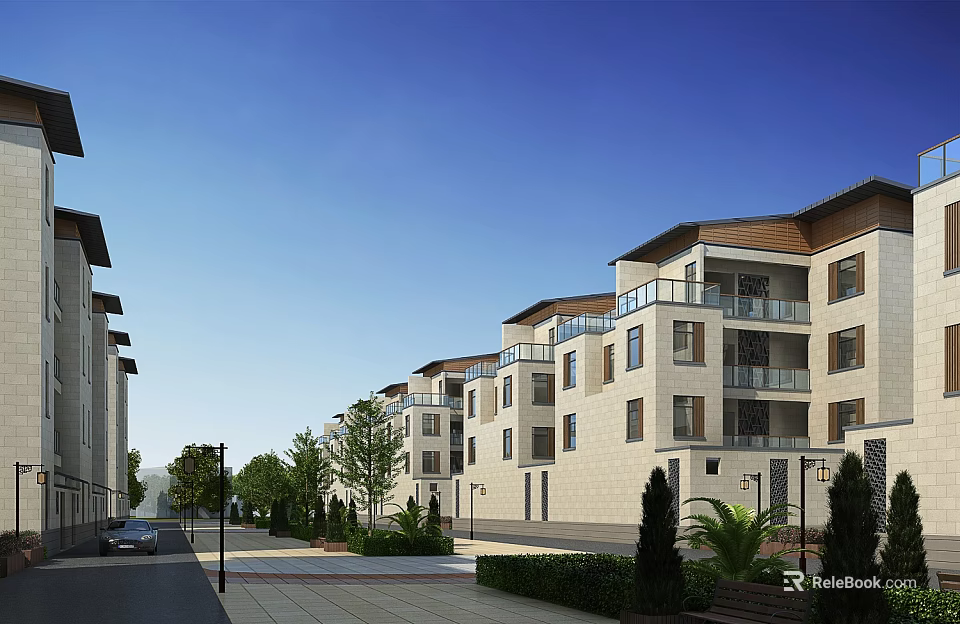 Modern Multistory Residential Building With Balconies Greenery And Blue Sky Street View 3d model 