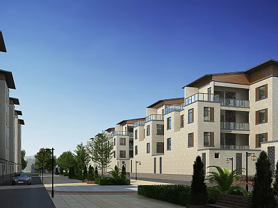 Modern Multistory Residential Building With Balconies Greenery And Blue Sky Street View 3d model