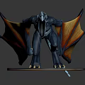 Space Dragon Sculpture With Blue Body And Orange Wings On Black Base