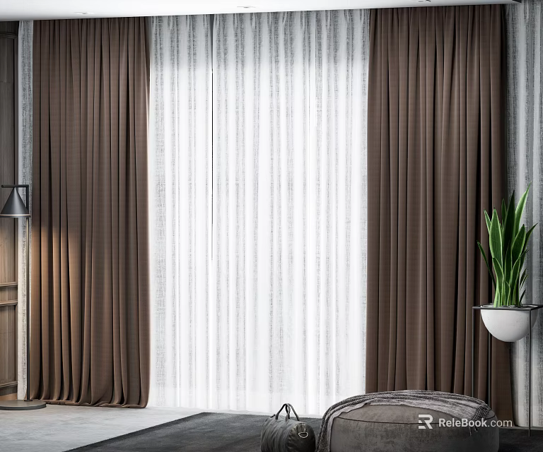 Brown Thick Curtains With White Sheer In Modern Interior With Gray Walls And Green Plant 3d model 