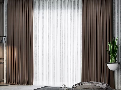 Brown Thick Curtains With White Sheer In Modern Interior With Gray Walls And Green Plant 3d model