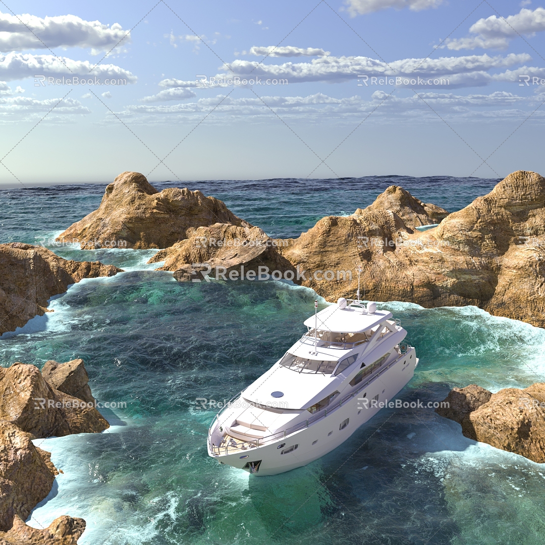 coastal reef sea water yacht rocks sea waves 3d model