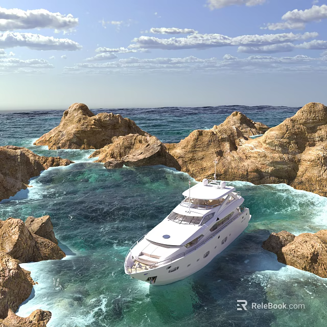 White Luxury Yacht Sailing In Blue Sea By Rocky Cliffs 3d model 